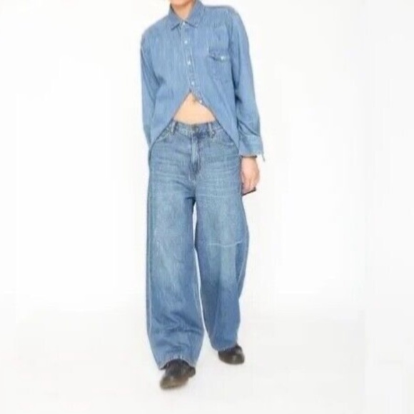 Sandrine Rose x Free People Wide Curve Leg Distressed Denim Jeans Blue Size 24